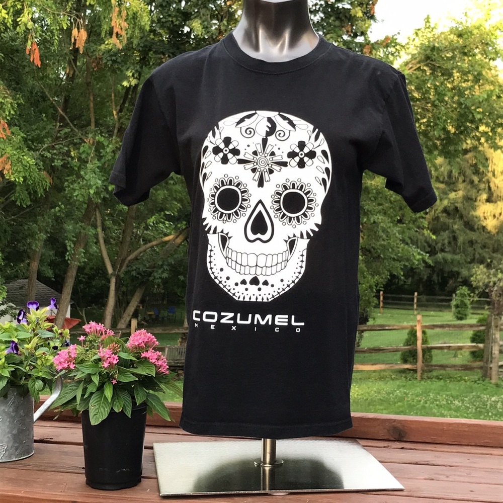 Cozumel Black T Shirt Womens M Day of the Dead Sugar Skull Cute